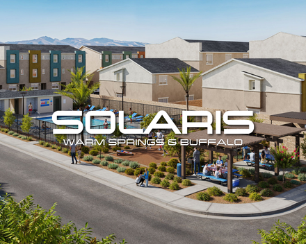 Architectural rendering of the resort-style community pool, shaded picnic pavilions, and modern energy-efficient townhomes at the Solaris at Warm Springs new home community in Southwest Las Vegas.
