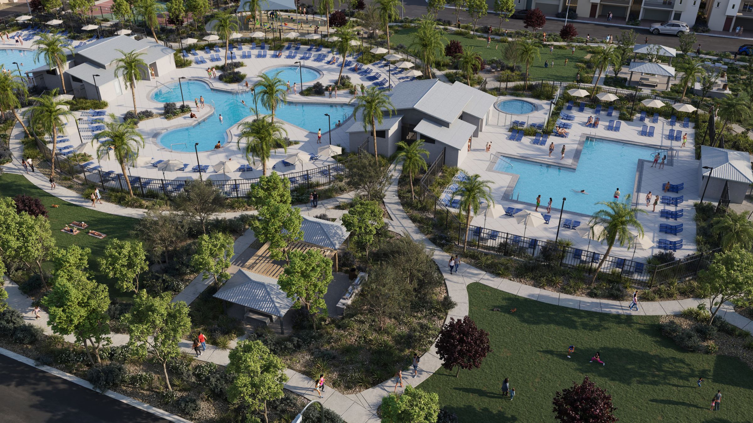 Aerial rendering of the massive resort-style swimming pools, resort-style amenities, and expansive green parks at the Watercolor planned community.