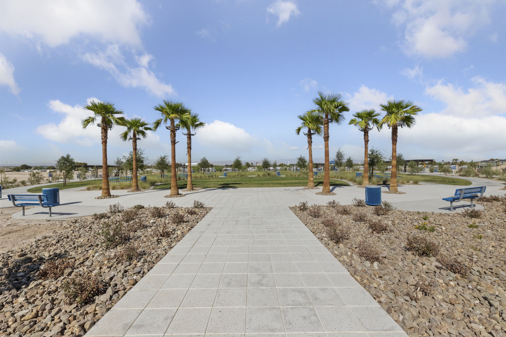 Paved walkway leading into the 5-acre community park with palm trees and green space at the Independence townhome community in East Las Vegas.