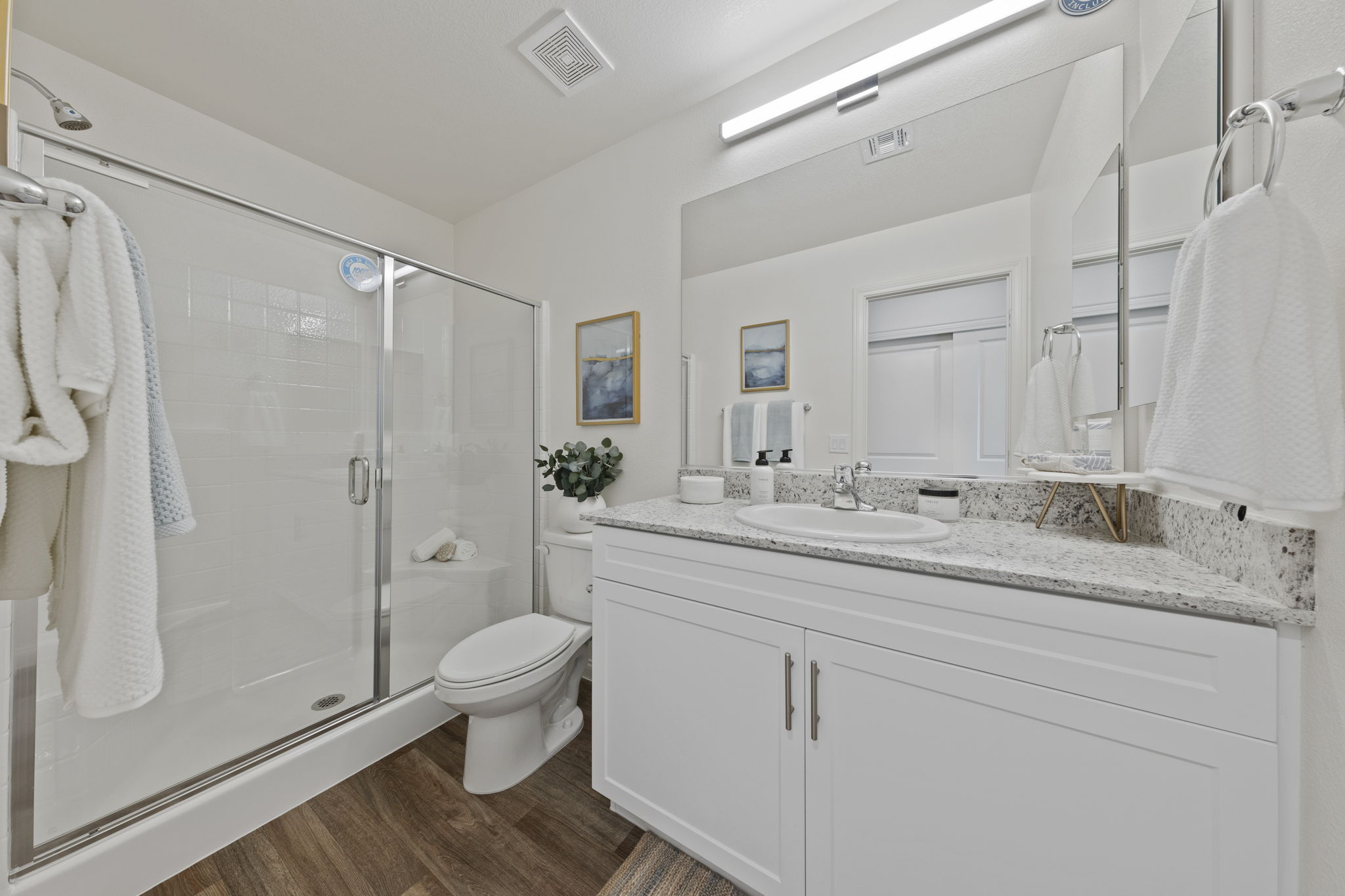 Modern full bathroom featuring a white vanity with granite countertops, a glass-enclosed shower, and upgraded vinyl flooring in a Solaris model home.