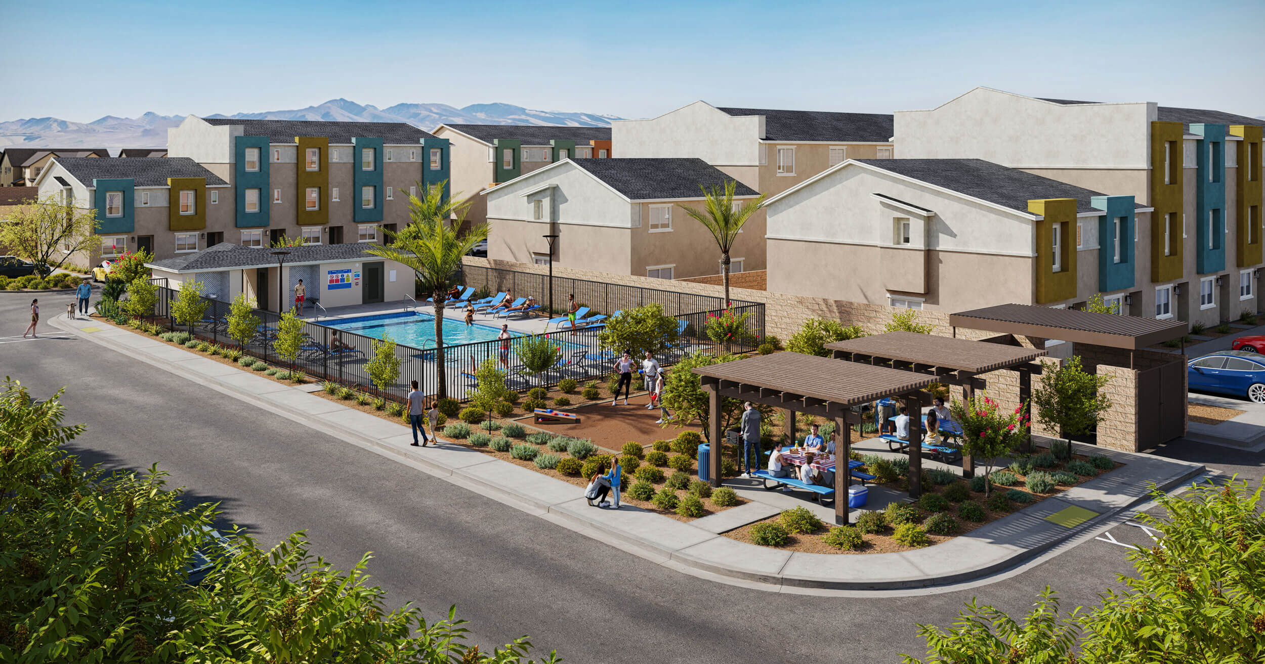 Architectural rendering of the community pool, shaded picnic pavilions, and colorful modern exteriors at the Solaris at Warm Springs new home community.