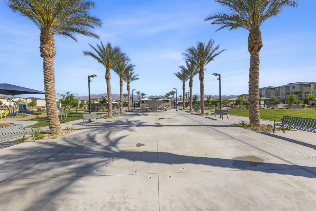 Paved splash pad area lined with tall palm trees and benches leading toward the central amenities at the Watercolor planned community.