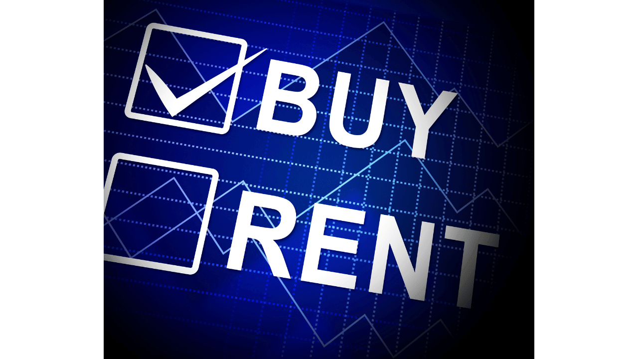 Digital graphic contrasting 'BUY' and 'RENT' options with checked boxes for a Las Vegas real estate market comparison.