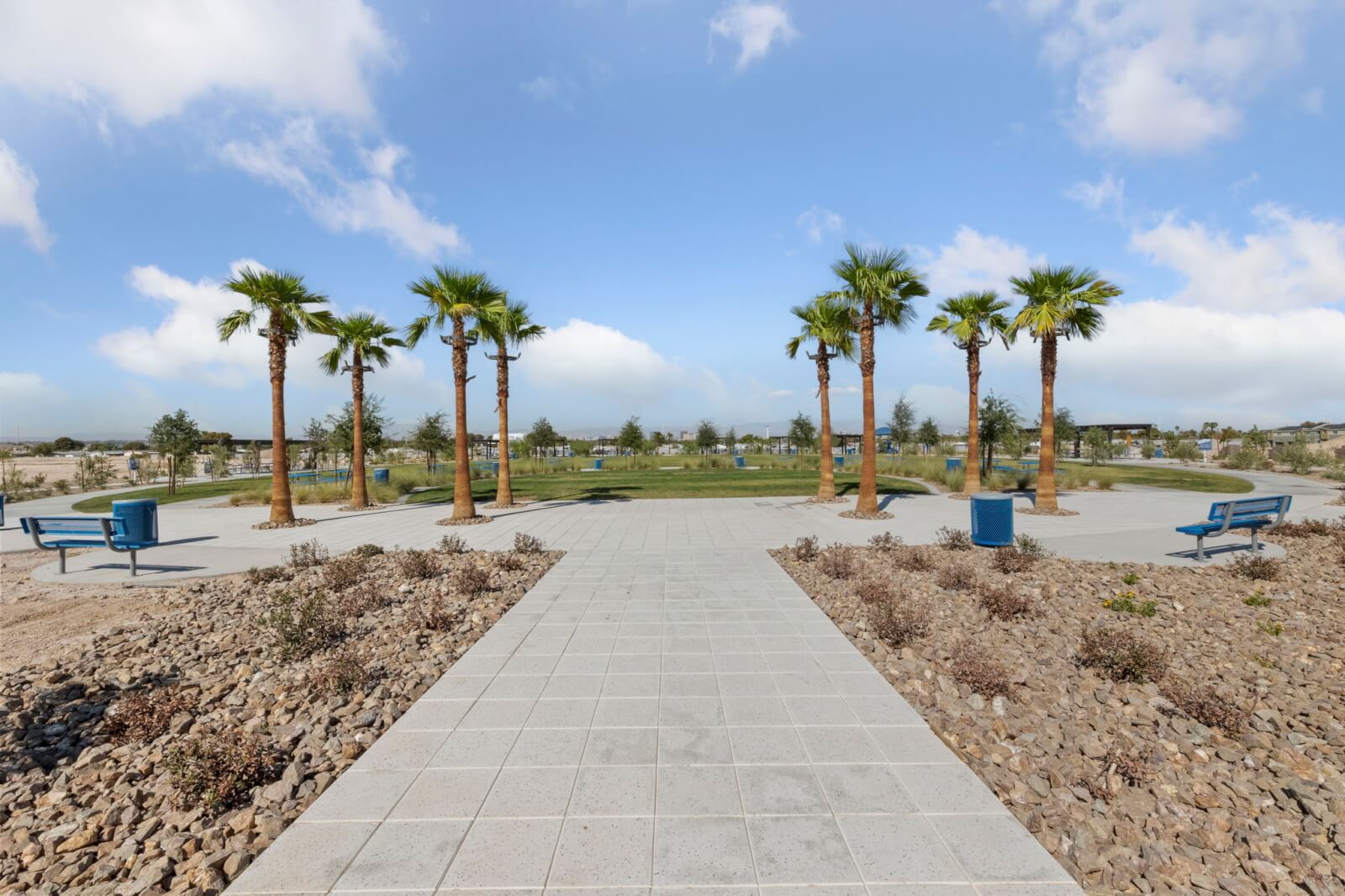 PPaved walkway leading into the 5-acre neighborhood park with palm trees and green space at the Independence townhome neighborhood in East Las Vegas.