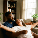 A happy young couple laughing and relaxing together on a living room couch inside a modern townhome at a Touchstone Living neighborhood.