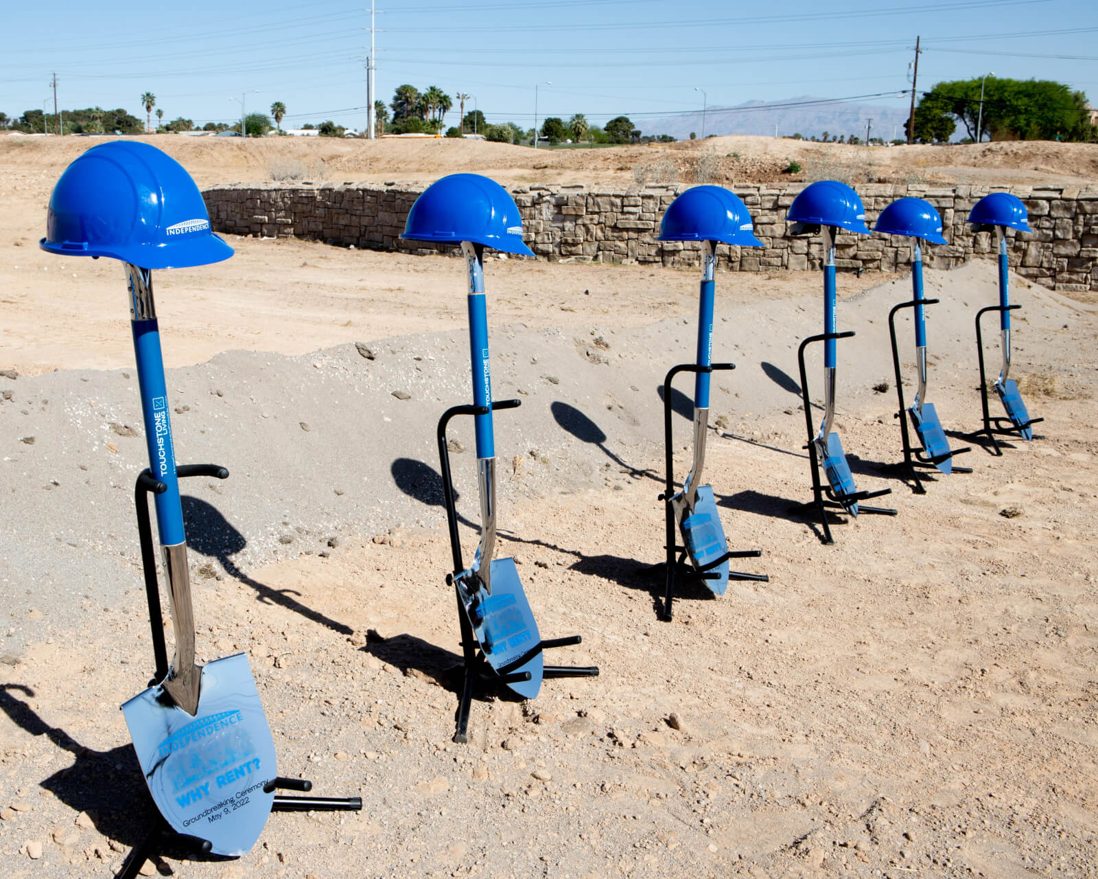 hard hats and shovels on the construction site for Independence, an affordable neighborhood in East Las Vegas