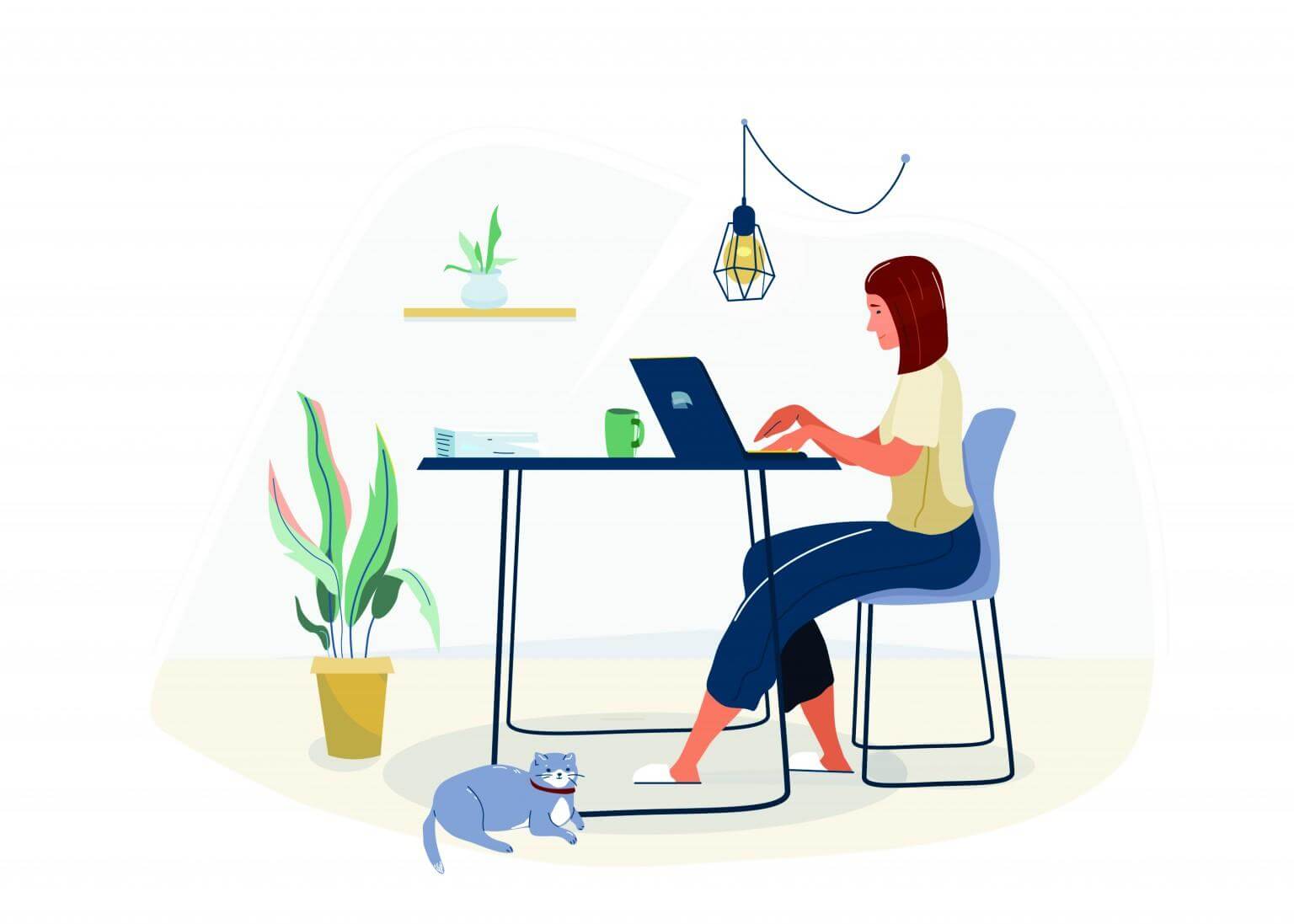 Flat vector illustration of a woman working on a laptop at a home office desk with a cat sleeping on the floor in a modern townhome.