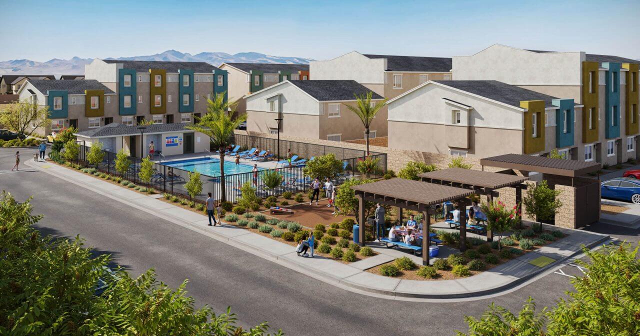rchitectural rendering of the neighborhood pool, shaded picnic pavilions, and colorful modern exteriors at the Solaris at Warm Springs new home neighborhood.