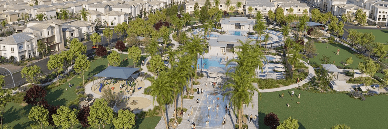 Aerial rendering of the Watercolor planned community featuring a large splash pad lined with palm trees, a shaded playground, central swimming pools, and green parks surrounded by homes.