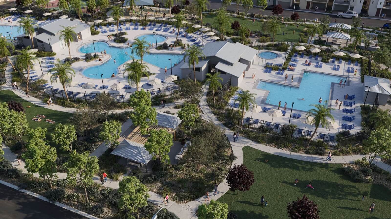 Aerial rendering of the massive resort-style swimming pools, resort-style amenities, and expansive green parks at the Watercolor planned community.