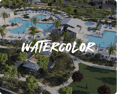 Aerial rendering of the massive resort-style swimming pools, resort-style amenities, and expansive green parks at the Watercolor planned community.