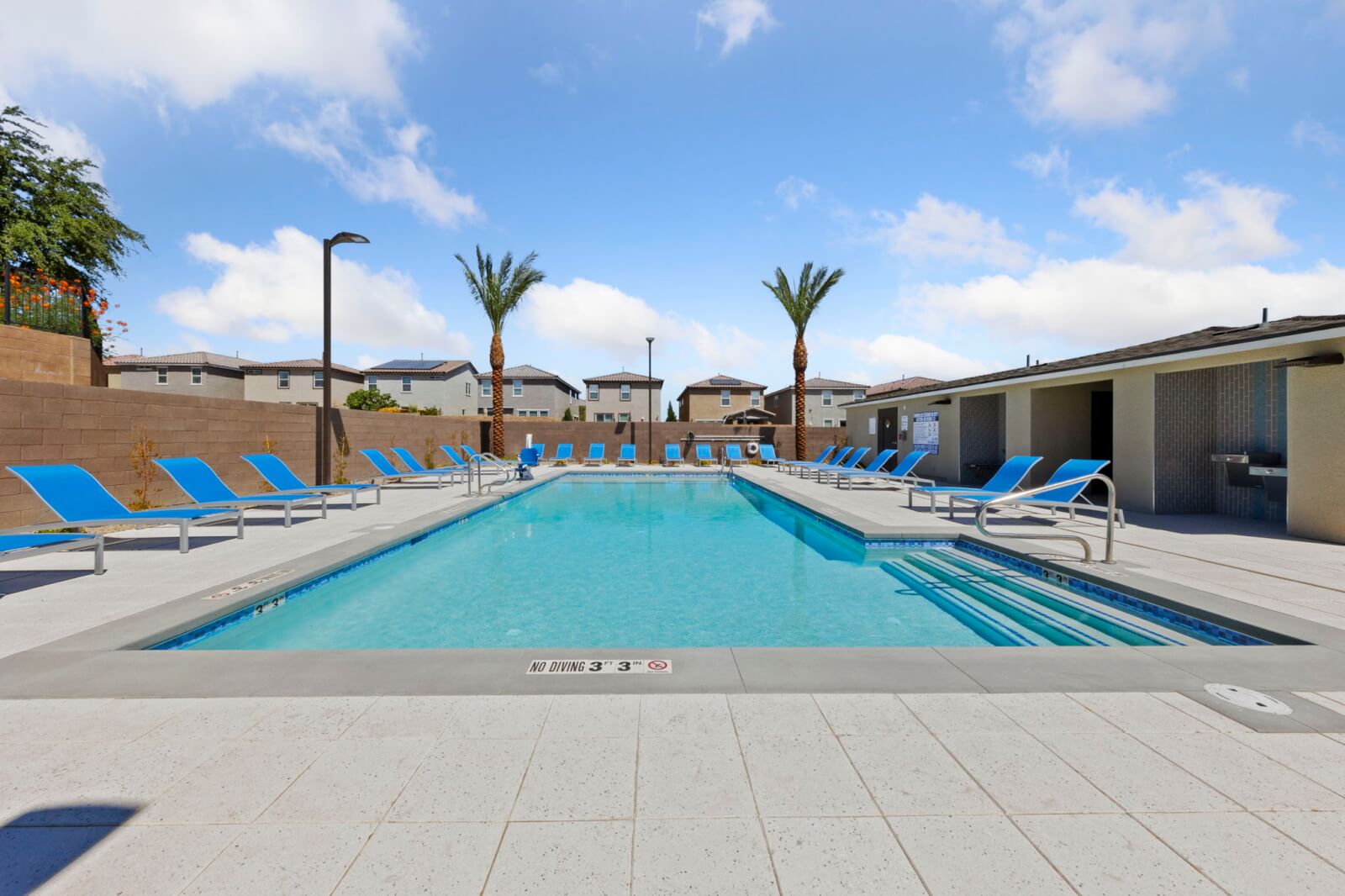 Sparkling rectangular community swimming pool surrounded by bright blue lounge chairs and palm trees at the Solaris new home community.