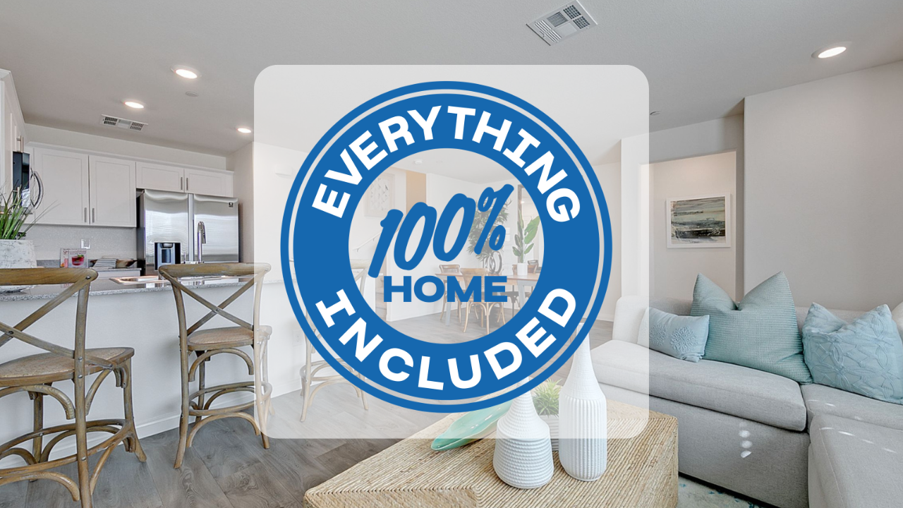 everything 100 percent home included logo overaly a large modern living room area