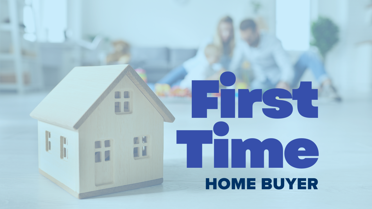 toy house and text first time home buyer with a family playing on the floor in the background