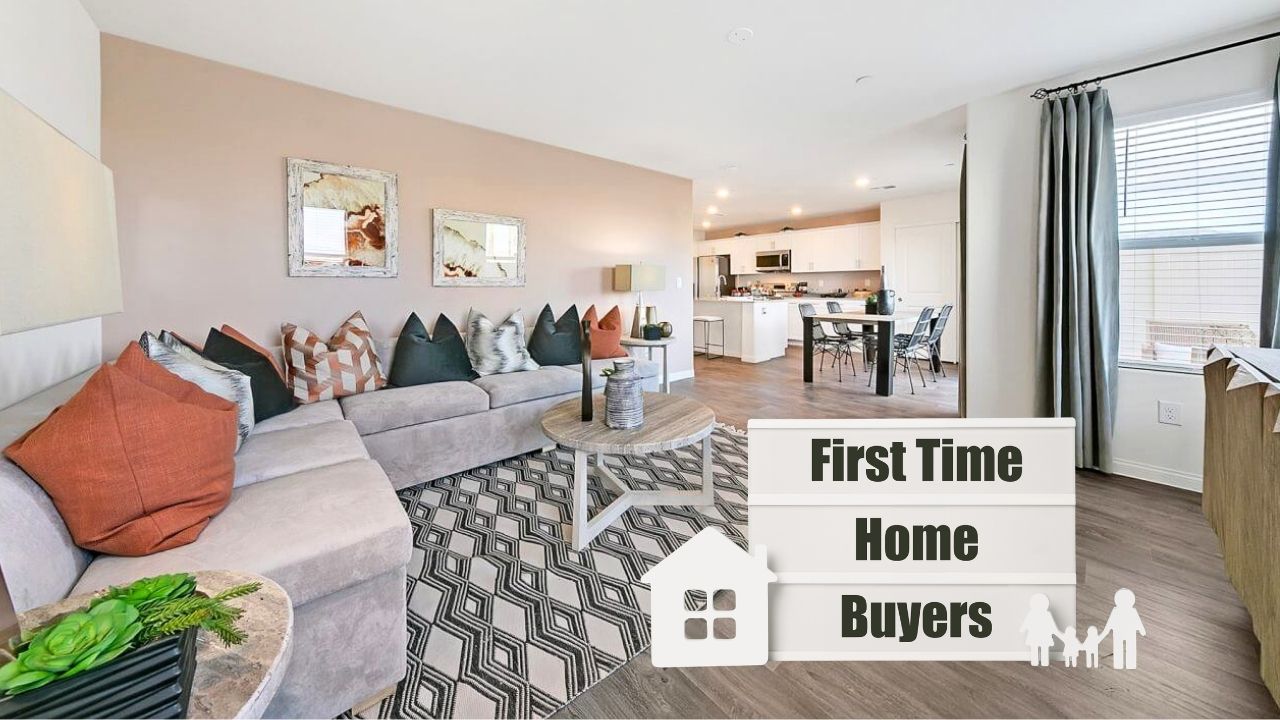 image of living room with bright colors and natural light shining through. A graphic in the corner depicts first time home buyer with a cut out house and family