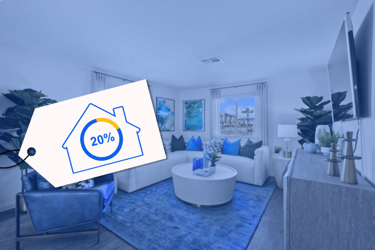 living room with house graphic of 20 percent overlay on a price tag